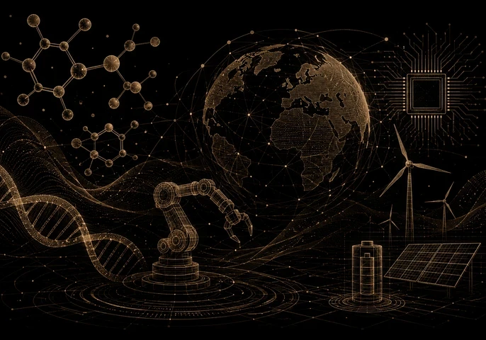 EM360Tech header graphic titled “Deep Tech Explained for Enterprise Leaders”. A black background features interconnected beige-gold technology illustrations, including a digital globe, molecular structures, a robotic arm, a DNA strand, a microchip, a wind turbine, a battery, and a solar panel, representing advanced scientific and engineering innovation. The subtitle reads: “We explain what makes deep tech different, why it's becoming strategically important and how enterprises can evaluate its real-world po