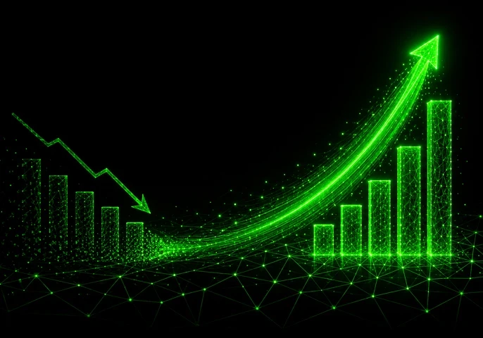 EM360Tech article header titled &ldquo;From Cost Centre To Profit Centre With AI&rdquo;. The image features a black background with glowing green digital bar charts, a rising upward trend line, and a connected data network grid. The visual represents AI-driven business growth, value creation, performance measurement, and the transition from operational cost management to revenue and profit generation. Visible text states: &ldquo;We look at how AI teams move beyond delivery metrics and prove measurable business value to execu