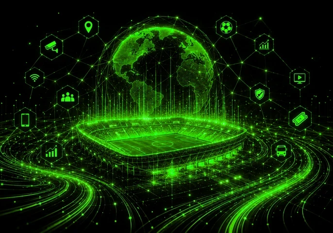 Header graphic for an EM360Tech article titled "Real-Time Decision Systems in Football". A futuristic football stadium is shown as a glowing green digital structure connected to streams of data, network lines and technology icons representing analytics, connectivity, security, mobility and operational systems. A digital globe rises above the stadium, suggesting global data flows and real-time information exchange. The EM360 logo appears in the top-right corner. Subtitle text reads: "We consider what elite f