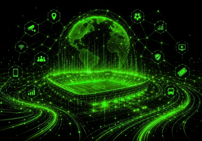 EM360Tech header graphic titled &ldquo;What FIFA Teaches About Predictive Models&rdquo; with the subtitle &ldquo;We explain what FIFA's predictive models reveal about uncertainty and how enterprise leaders can make better forecasting decisions.&rdquo; The image shows a digital football stadium with glowing data networks, analytics icons and a global technology background