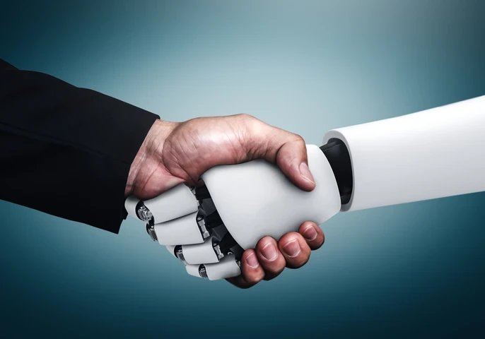Image of an android shaking hands with a person on a blue background.