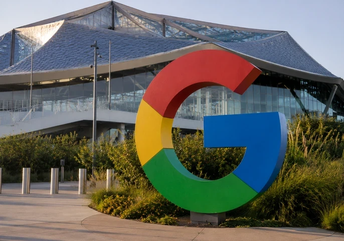 Header graphic for an EM360Tech news article titled "Google Reshuffles AI Leadership as Demis Hassabis Steps Into New Chief Scientist Role", featuring the Google "G" logo outside a modern Google office building.