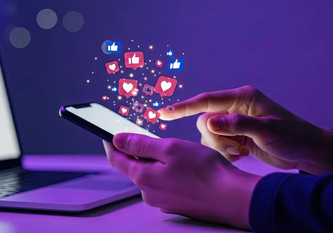 social media engagement, image of hands holding iphone with like buttons emerging out of top