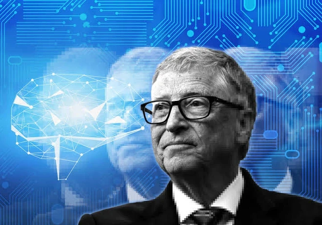 Bill Gates against a blue background alongside circuitry and a mind map.