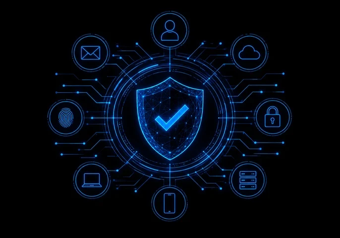 A black-and-blue cybersecurity graphic with a glowing digital shield at the centre, surrounded by connected security icons for email, user identity, cloud services, fingerprint authentication, device access, passwords and servers. Large white text reads “Trusted Signals Are The New Enterprise Security Risk,” with supporting text explaining that attackers are getting better at looking like trusted people and systems, making the usual warning signs harder to recognise. The EM360 logo appears at the upper righ