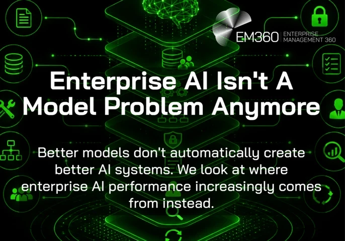 Black-and-green EM360Tech graphic showing a layered enterprise AI architecture with a glowing AI brain connected to data, tools, workflows, security, human oversight, evaluation and continuous improvement. Text reads: “Enterprise AI Isn't A Model Problem Anymore. Better models don't automatically create better AI systems. We look at where enterprise AI performance increasingly comes from instead.”
