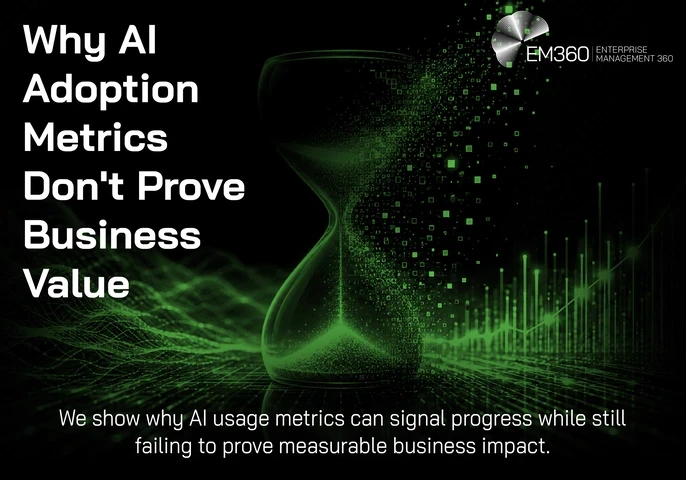 A glowing green digital hourglass sits against a black background, with streams of data particles and binary-like squares flowing through its centre. Abstract green network waves spread across the lower left, while a glowing analytics chart rises on the right, symbolising AI measurement, data analysis, and business performance. The EM360 Enterprise Management 360 logo appears in the top right. Overlaid white text reads: "Why AI Adoption Metrics Don't Prove Business Value". A subtitle below reads: "We show w