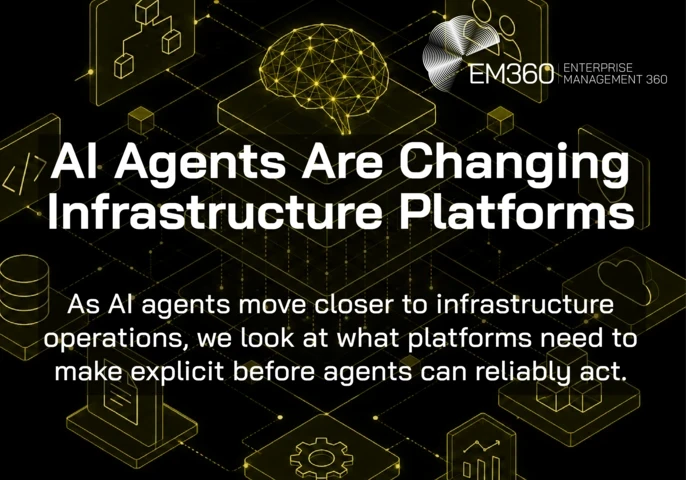 Black-and-olive technology graphic showing a glowing wireframe brain above a layered infrastructure platform, connected to diagrams, data, settings and system components. Text reads: “AI Agents Are Changing Infrastructure Platforms” and “As AI agents move closer to infrastructure operations, we look at what platforms need to make explicit before agents can reliably act.” The EM360 Enterprise Management 360 logo appears at the top.