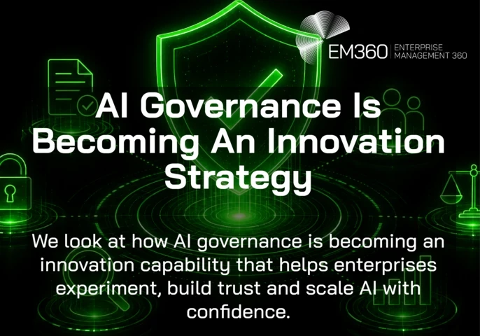 A black-and-neon-green AI governance graphic featuring a large digital shield with a check mark, surrounded by connected icons representing documentation, security, people, compliance, monitoring and business growth. The graphic reads: &ldquo;AI Governance Is Becoming An Innovation Strategy&rdquo; and &ldquo;We look at how AI governance is becoming an innovation capability that helps enterprises experiment, build trust and scale AI with confidence.&rdquo; The EM360 Enterprise Management 360 logo appears at the top.