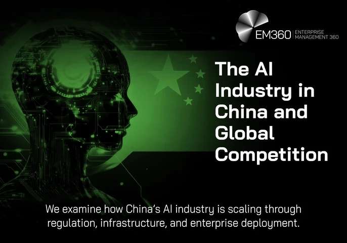 EM360 header graphic titled &ldquo;The AI Industry in China and Global Competition.&rdquo; A glowing green profile of a humanoid AI figure made from circuitry appears against a black background, overlaid with the Chinese flag&rsquo;s five stars. Text reads: &ldquo;We examine how China&rsquo;s AI industry is scaling through regulation, infrastructure, and enterprise deployment.&rdquo; The EM360 Enterprise Management 360 logo appears in the top right.