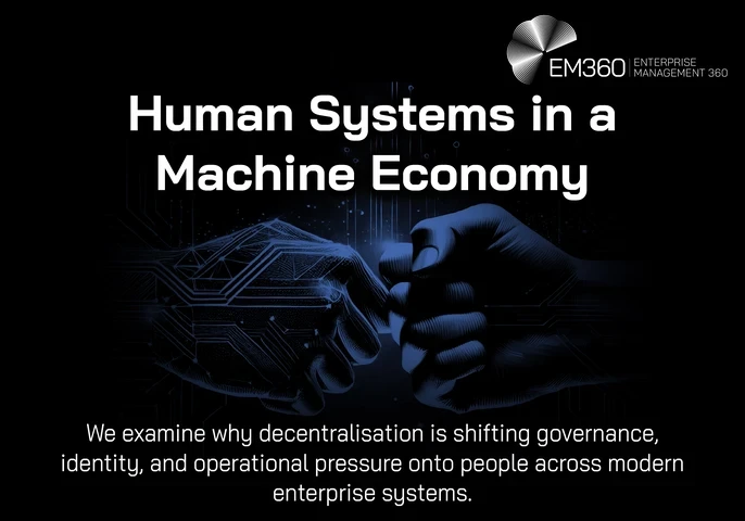 EM360 header graphic titled &ldquo;Human Systems in a Machine Economy.&rdquo; On a black background, a blue circuit-patterned robotic hand reaches towards a human hand, their fingertips almost touching amid faint digital circuitry and glowing particles. Supporting text reads: &ldquo;We examine why decentralisation is shifting governance, identity, and operational pressure onto people across modern enterprise systems.&rdquo; The EM360 Enterprise Management 360 logo appears in the top-right corner.