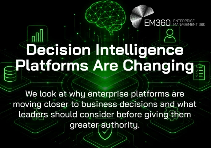 Black-and-green EM360Tech graphic showing a glowing central enterprise platform connected to icons representing data, analytics, users, workflows, security and automation, with a digital brain above. Text reads: “Decision Intelligence Platforms Are Changing. We look at why enterprise platforms are moving closer to business decisions and what leaders should consider before giving them greater authority.”