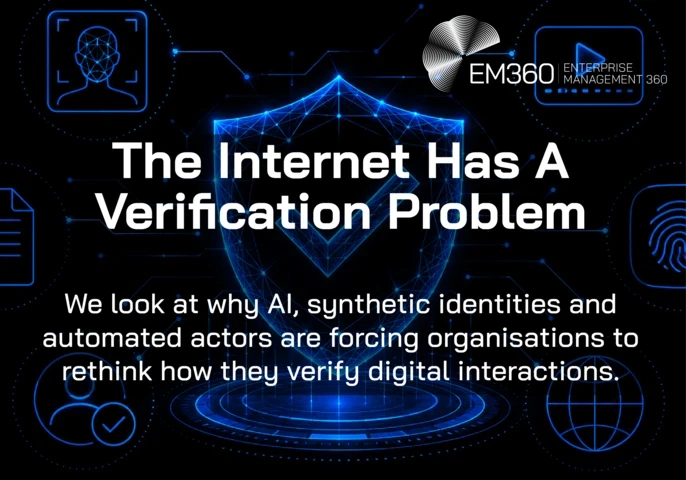 A black-and-blue digital verification graphic with a glowing wireframe shield and checkmark at the centre, surrounded by icons representing facial recognition, video, documents, fingerprints, verified identity and the internet. White text reads &ldquo;The Internet Has A Verification Problem&rdquo;, with the subtitle: &ldquo;We look at why AI, synthetic identities and automated actors are forcing organisations to rethink how they verify digital interactions.&rdquo; The EM360 logo appears at the top.