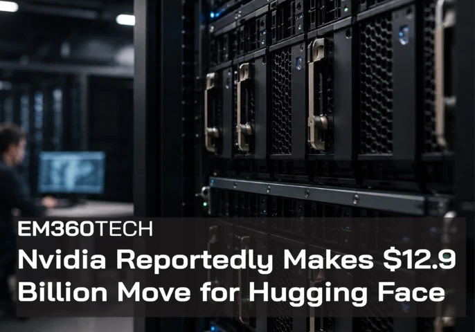 EM360Tech news graphic showing rows of black server hardware in a dark data centre, with a blurred technician working at a computer in the background. Text reads: &ldquo;Nvidia Reportedly Makes $12.9 Billion Move for Hugging Face.&rdquo; 