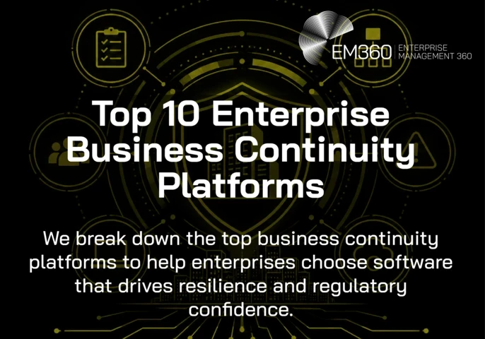 EM360Tech graphic titled “Top 10 Enterprise Business Continuity Platforms”, with the subtitle “We break down the top business continuity platforms to help enterprises choose software that drives resilience and regulatory confidence.” The black background features an olive digital illustration of a shield protecting office buildings, surrounded by connected icons representing planning, organisational structure, people, technology, risk and cloud systems.