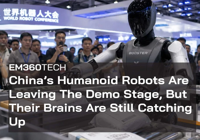 A humanoid Booster robot demonstrates parcel handling on a conveyor at the World Robot Conference as a crowd watches and records. Overlaid text reads: &ldquo;EM360TECH China&rsquo;s Humanoid Robots Are Leaving The Demo Stage, But Their Brains Are Still Catching Up.&rdquo;
