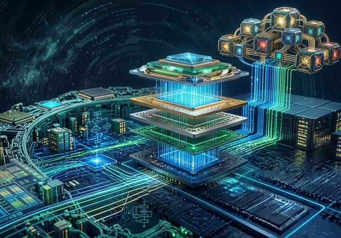 Computer chip architecture showing multiple processing components, memory and interconnects representing the evolution of computer architecture in 2026.