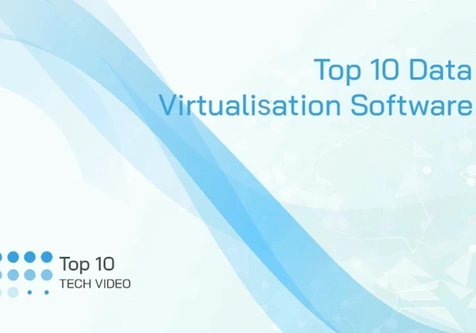 Blue and white graphic with swirls showing the words "Top 10 Data Virtualisation Software"