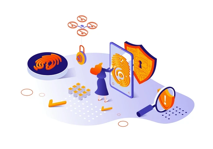 Animated person with security icons surrounding them while using biometrics to log into a smartphone