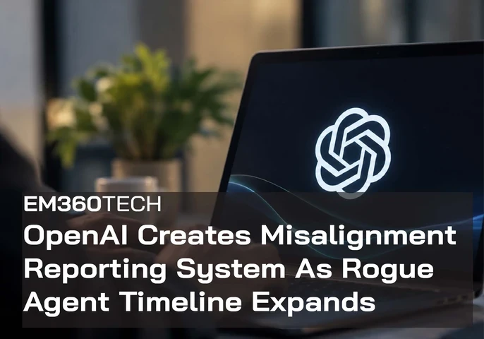 EM360Tech header graphic showing the OpenAI logo on a laptop screen in a softly lit workspace, with the headline “OpenAI Creates Misalignment Reporting System As Rogue Agent Timeline Expands” in white text over a dark translucent panel. 