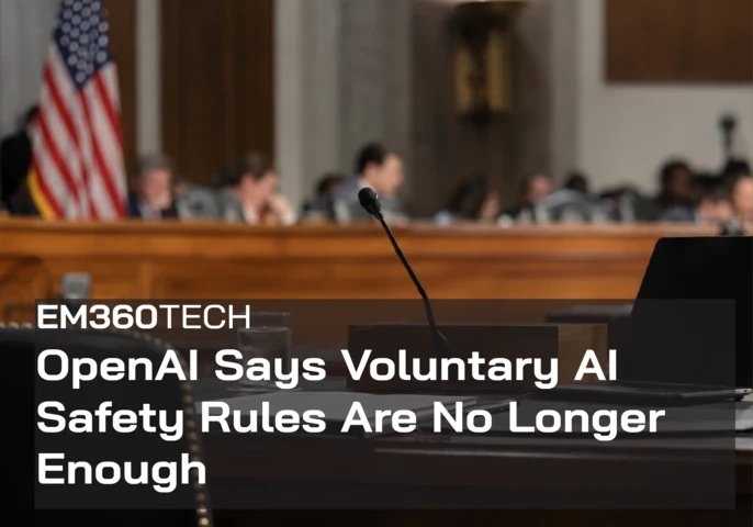EM360Tech header graphic with the headline “OpenAI Says Voluntary AI Safety Rules Are No Longer Enough” in white text over a dark translucent panel. Background shows a blurred US congressional hearing room with an American flag, officials, a witness microphone, laptop and documents. 