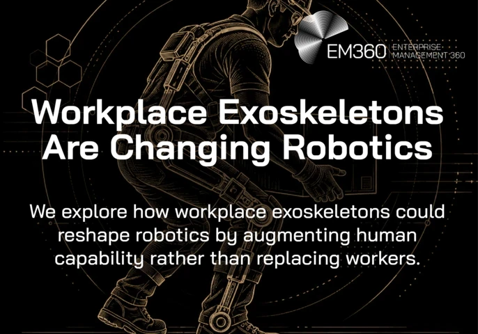 Graphic showing a worker wearing an industrial exoskeleton with the text, “Workplace Exoskeletons Are Changing Robotics. We explore how workplace exoskeletons could reshape robotics by augmenting human capability rather than replacing workers.” 