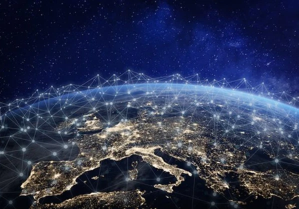 Image of the Earth covering Europe with cities and countries lit up at night, with various connecting lines showing how countries are connected