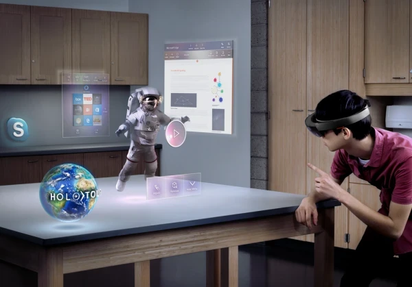 person wearing a VR headset with the virtual elements showing in real life