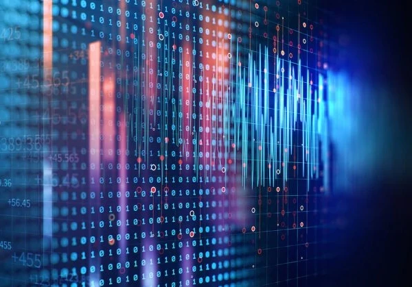 Binary code on a blue and purple screen