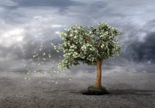 Image of a desert with a tree with dollar bills for leaves blowing away in the wind