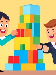 Cartoon image of a man and woman stacking colourful building blocks.