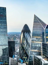 View of shiny London skyline on a clear afternoon.