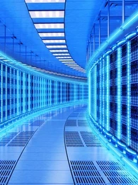 Bright blue inside of a data centre.