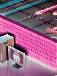 Pink and blue animated image depicting a locked computer screen and stand with a wall behind it depicting a cyberattack coming from behind.