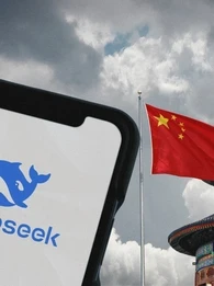 what is deepseek. image depicts deepseek app on mobile with background depicting US and Chinese national symbols: The Capitol in Washington DC and Temple of Heaven in Beijing with national flags. 
