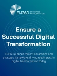 Blue gradient banner with the EM360Tech logo and the headline “Ensure a Successful Digital Transformation.” Subheading reads: “EM360Tech outlines the critical actions and strategic frameworks driving real impact in digital transformation today.”