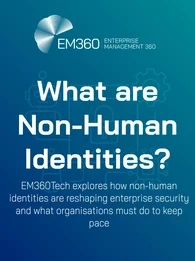 EM360Tech header graphic titled 'What are Non-human Identities?' with a subtitle reading 'EM360Tech explores how non-human identities are reshaping enterprise security and what organisations must do to keep pace.' The background features a subtle blue gradient with line-art icons of a robot, padlock, gear, and microchip.