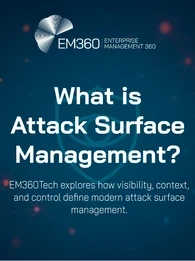 Header image for the article "What is Attack Surface Management?" featuring a digital shield icon and connected network nodes on a dark blue background. The EM360Tech logo appears in the top left corner, with the subtitle "EM360Tech explores how visibility, context, and control define modern attack surface management.