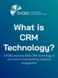 Title slide for an article by EM360 titled "What is CRM Technology?" The background features a gradient blue design with a faint outline of a document, user icon, and gear. The text reads: “What is CRM Technology? EM360 explores what CRM technology is and how it’s transforming customer engagement.” The EM360 logo appears in the top left corner.