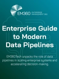 Banner graphic titled "Enterprise Guide to Modern Data Pipelines" by EM360Tech, with a teal gradient background and white tech-themed line icons representing cloud, servers, and data flow. Text highlights the article&rsquo;s focus on scaling enterprise systems and accelerating decision-making.