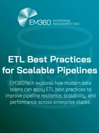 Title card with EM360Tech branding. Headline reads “ETL Best Practices for Scalable Pipelines.” Subheading below states: “EM360Tech explores how modern data teams can apply ETL best practices to improve pipeline resilience, scalability, and performance across enterprise stacks.” The background features a faint vector-style illustration of data gears inside a database icon in teal tones.