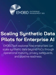 A digital banner from EM360Tech titled “Scaling Synthetic Data Pilots for Enterprise AI.” The background features a gradient from deep purple to navy blue with abstract data network graphics in pale lines. The subtitle reads: “EM360Tech explores how enterprises can scale synthetic data beyond PoCs through operational maturity, privacy safeguards, and pipeline readiness.” The EM360 logo appears in the top left corner.