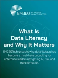 EM360Tech header image with the title 'What Is Data Literacy and Why It Matters' in bold white text on a teal gradient background. Subtitle reads: 'EM360Tech unpacks why data literacy has become a must-have capability for enterprise leaders navigating AI, risk, and transformation.' Subtle line art in the background.
