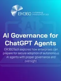 EM360Tech banner with the title "AI Governance for ChatGPT Agents" and subtitle "EM360Tech explores how enterprises can prepare for secure adoption of autonomous AI agents with proper governance and oversight," displayed on a blue gradient background with faint AI gear and checklist icons.