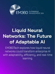 EM360Tech title graphic with a blue-to-purple gradient background and faint neural network diagram. Large white text reads 'Liquid Neural Networks: The Future of Adaptable AI'. Smaller white text below says 'EM360Tech explores how liquid neural networks could transform enterprise AI with adaptability, efficiency, and real-time learning'.