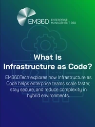 EM360Tech banner graphic titled “What Is Infrastructure as Code?”, featuring cloud and gear icons on a gradient background with a subtitle about scaling securely in hybrid environments.