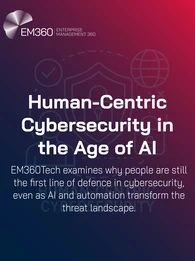 Banner graphic by EM360Tech with the title &ldquo;Human-Centric Cybersecurity in the Age of AI.&rdquo; Subtext reads: &ldquo;EM360Tech examines why people are still the first line of defence in cybersecurity, even as AI and automation transform the threat landscape.&rdquo; Background features line art of a person, shield, padlock, and globe, with a blue-to-red gradient overlay.