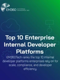 Cover graphic for EM360Tech article titled 'Top 10 Enterprise Internal Developer Platforms.' The background has a blue-to-green gradient with faint line art of gears, flowcharts, and cloud icons. The text highlights the article&rsquo;s focus on ranking the top 10 IDPs enterprises rely on for scale, compliance, and developer efficiency. EM360 logo appears in the top left.