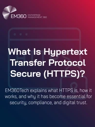 Promotional graphic with the EM360 logo and text: &ldquo;What Is Hypertext Transfer Protocol Secure (HTTPS)? EM360Tech explains what HTTPS is, how it works, and why it has become essential for security, compliance, and digital trust.&rdquo; Background features a gradient of dark blue to magenta with a faint browser and padlock outline.