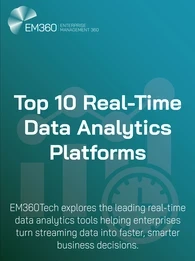 Banner image for EM360Tech article titled “Top 10 Real-Time Data Analytics Platforms.” The background features a teal gradient with subtle graphics of data charts and a clock, symbolising speed and analytics. The EM360 Enterprise Management 360 logo appears in the top left corner.